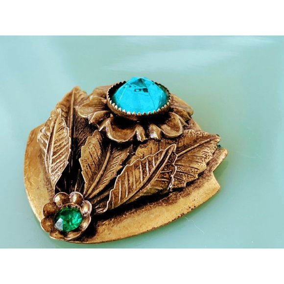 Antique Brass Flower Fur Clip Blue Rhinestone - Picture 6 of 6